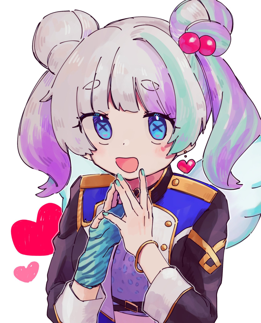 1girl, :d, black_jacket, blue_eyes, blue_gloves, blue_hair, blue_nails, bracelet, denonbu, double_bun, earrings, fingerless_gloves, gloves, grey_hair, gyudon_(skrnmmt_rice), hair_bobbles, hair_bun, hair_ornament, hands_up, heart, heart_earrings, highres, jacket, jewelry, long_hair, long_sleeves, looking_at_viewer, multicolored_hair, nail_polish, open_mouth, print_gloves, purple_hair, shoji_momoko, single_glove, smile, solo, steepled_fingers, streaked_hair, symbol-shaped_pupils, twintails, upper_body, white_background, x-shaped_pupils