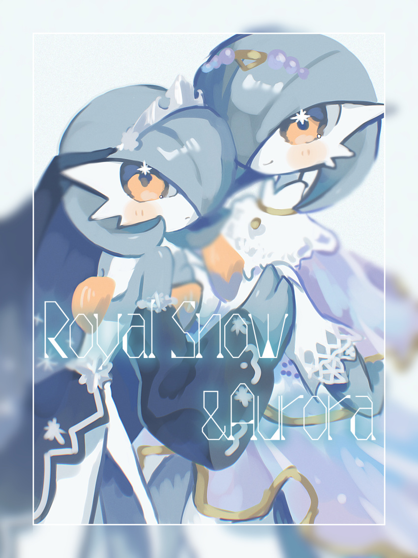 2girls, alternate_color, back, black_sleeves, blue_hair, blue_skin, blurry, blurry_border