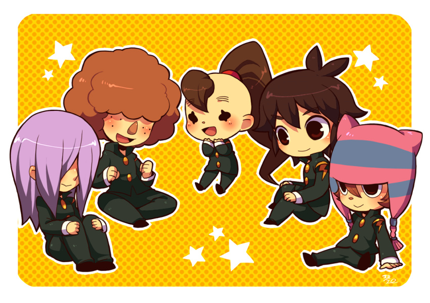 5boys, animal_nose, arm_support, black_eyes, black_pants, border, brown_hair, chibi