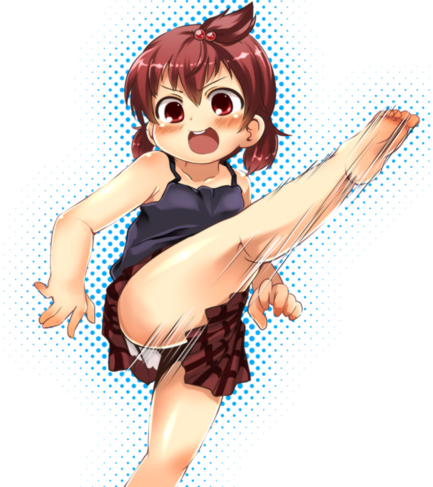 barefoot, blush, feet, hair_bobbles, hair_ornament, high_ponytail, highres, kicking