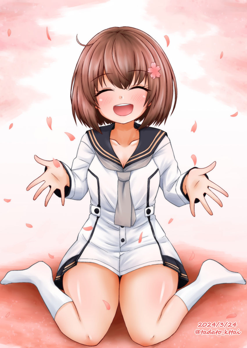 1girl, black_sailor_collar, brown_hair, closed_eyes, dated, dress, facing_viewer, flower