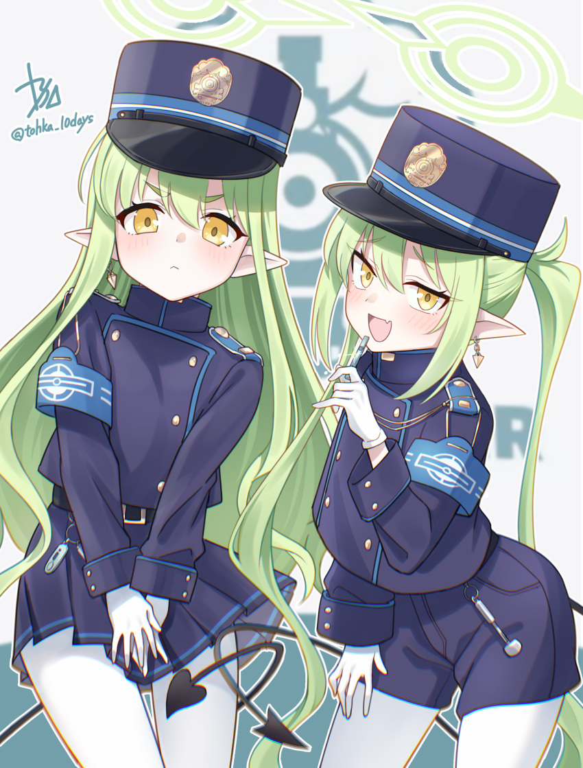2girls, black_shirt, black_shorts, black_skirt, black_tail, blue_archive, blush, closed_mouth, demon_tail, fang, green_hair, green_halo, halo, highres, long_hair, long_sleeves, looking_at_viewer, multiple_girls, open_mouth, pantyhose, pleated_skirt, pointy_ears, shirt, shorts, signature, skin_fang, skirt, smile, tail, tohka_10days, twintails, twitter_username, white_pantyhose, yellow_eyes