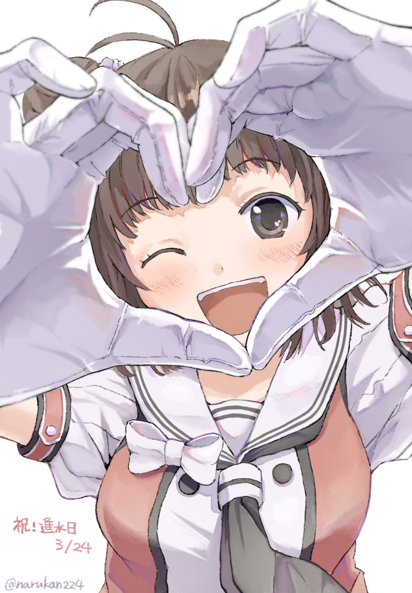 1girl, antenna_hair, black_neckerchief, bow, brown_eyes, brown_hair, buttons, double-breasted, double_bun, gloves, hair_bun, heart, heart_hands, highres, kantai_collection, naka_(kancolle), naka_kai_ni_(kancolle), narukan, neckerchief, one_eye_closed, open_mouth, orange_shirt, sailor_collar, school_uniform, shirt, simple_background, smile, solo, teeth, upper_body, upper_teeth_only, white_background, white_bow, white_gloves, white_sailor_collar