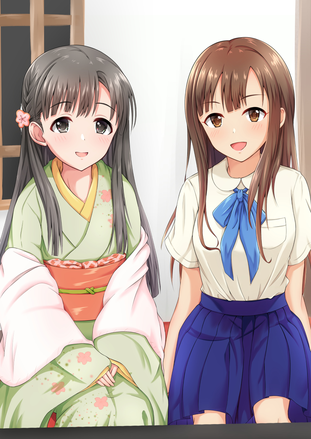 2girls, black_eyes, black_hair, blue_bow, blue_bowtie, blue_skirt, blunt_bangs, blush
