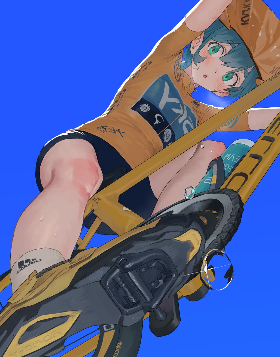 1girl, aqua_eyes, aqua_hair, bicycle, bicycle_helmet, bike_jersey, bike_shorts, black_shorts