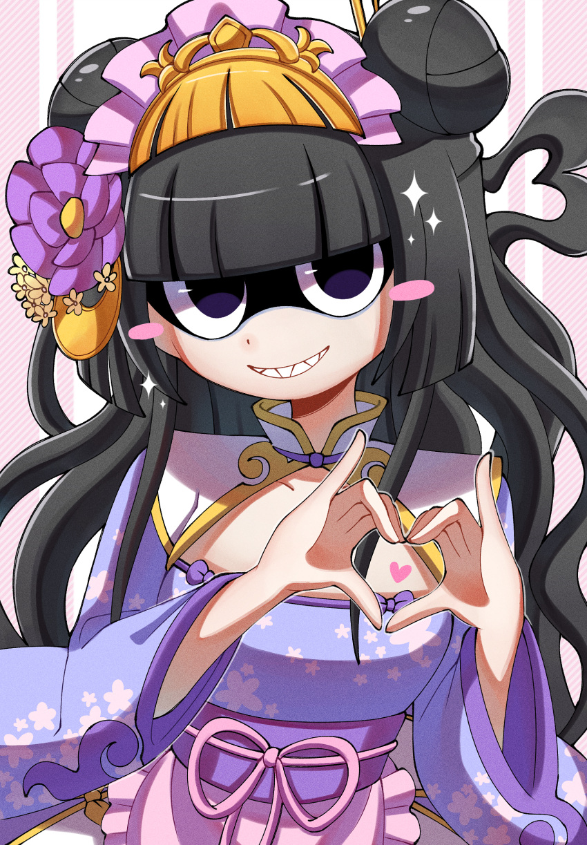 1girl, black_eyes, black_hair, blush_stickers, flower, grin, hair_flower, hair_ornament, heart, heart_hands, highres, long_hair, looking_at_viewer, noroino_hanako, pipiko., smile, solo, youkai_(youkai_watch), youkai_watch, youkai_watch_2