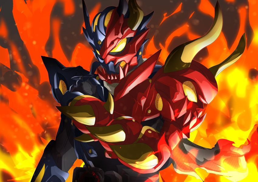 1boy, absurdres, alchemist, alternate_form, animification, armor, asymmetrical_horns, black_armor