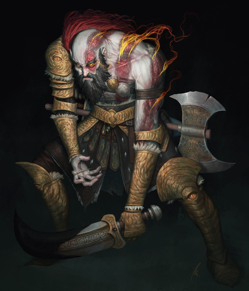 1boy, absurdres, angry, armor, armored_boots, axe, bald, battle_axe