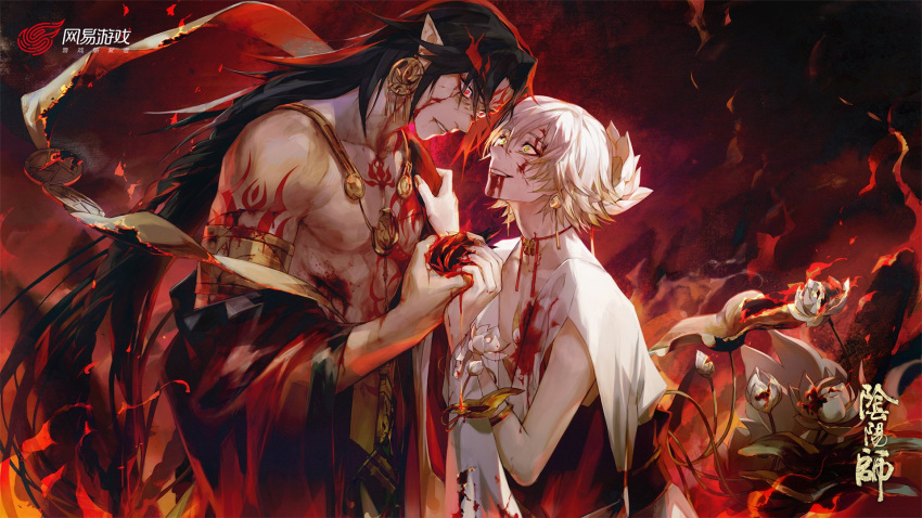2boys, asura_(onmyoji), blood, blood_from_mouth, blood_on_face, chest_tattoo, chinese_clothes, chinese_text