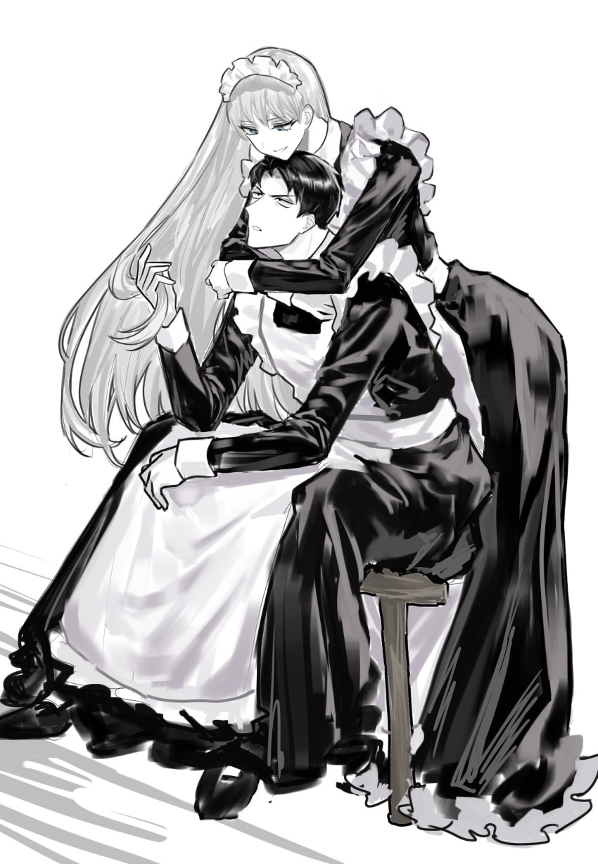 1boy, 1girl, angelica_(project_moon), apron, black_dress, black_eyes, black_hair, blue_eyes, closed_mouth, dress, full_body, highres, holding_another's_hair, hug, hug_from_behind, husband_and_wife, library_of_ruina, long_hair, long_sleeves, maid, maid_headdress, orururuu, parted_bangs, project_moon, roland_(project_moon), sitting, smile, very_long_hair, white_apron, white_hair