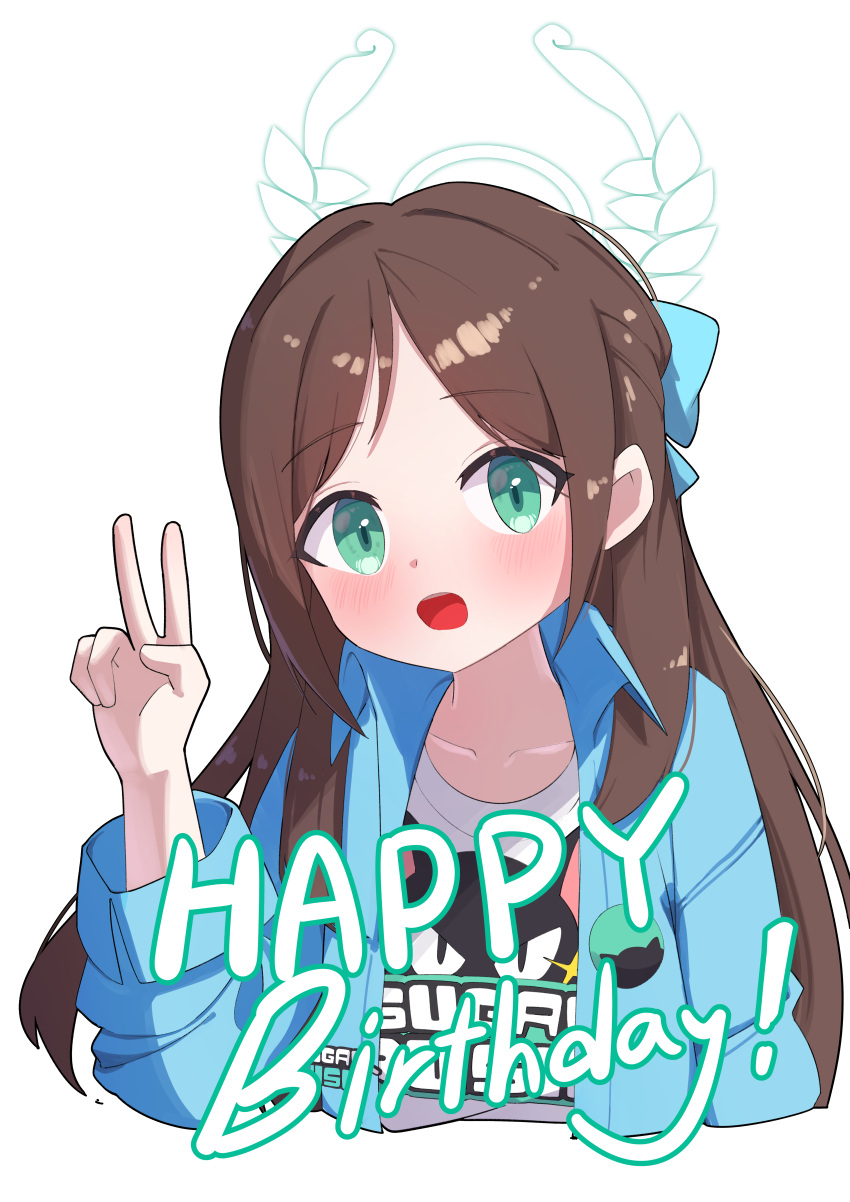 1girl, absurdres, airi_(band)_(blue_archive), airi_(blue_archive), aqua_bow, aqua_jacket, blue_archive, blush