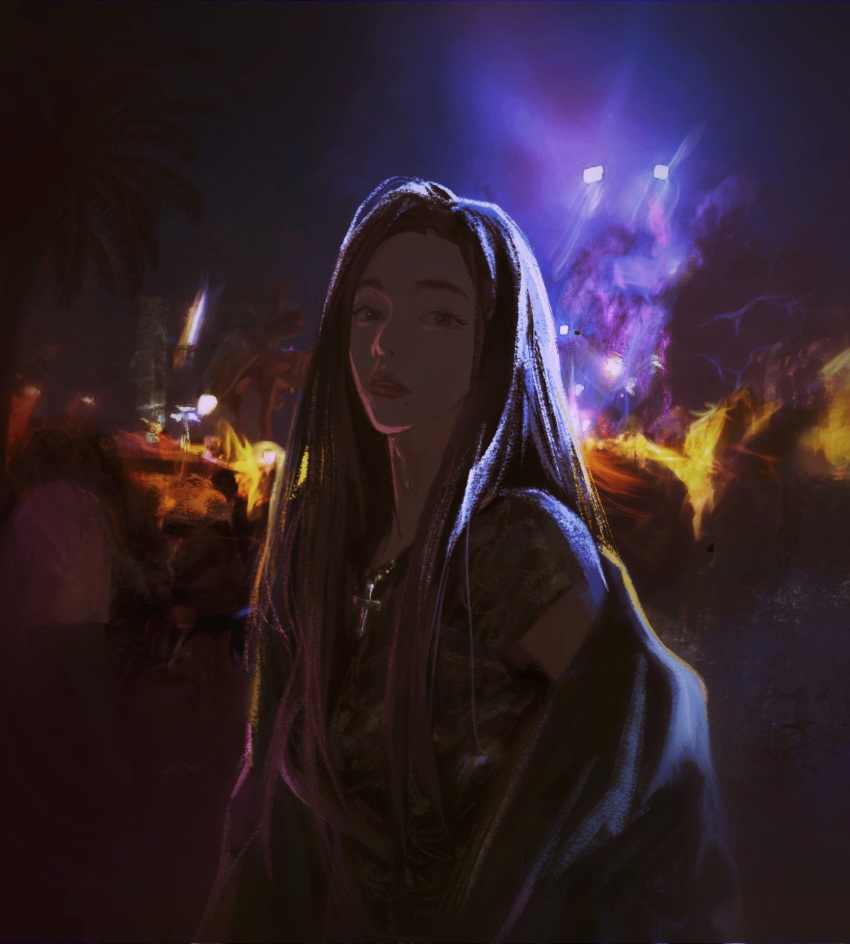 1girl, backlighting, blurry, blurry_background, breasts, commentary, cross, cross_necklace, highres, jewelry, kim_srm, long_hair, looking_at_viewer, medium_breasts, mole, mole_under_mouth, necklace, night, off_shoulder, original, palm_tree, parted_lips, people, short_sleeves, solo_focus, tree