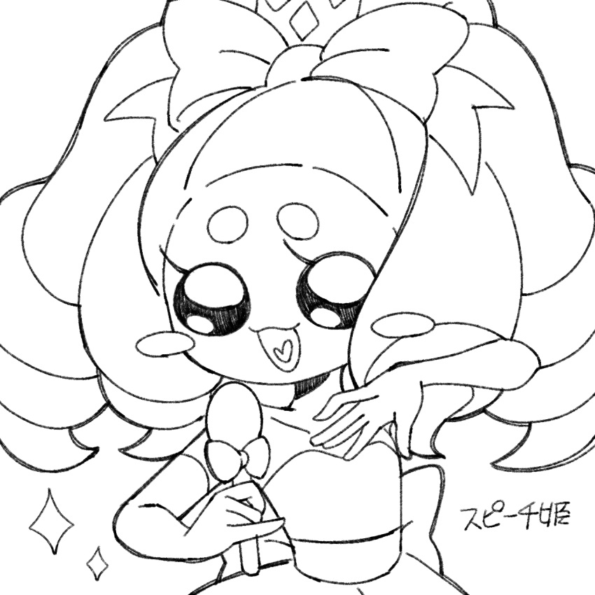 1girl, character_name, elbow_gloves, gloves, highres, holding, holding_microphone, microphone, monochrome, open_mouth, pipiko., simple_background, solo, speechhime, white_background, youkai_(youkai_watch), youkai_watch