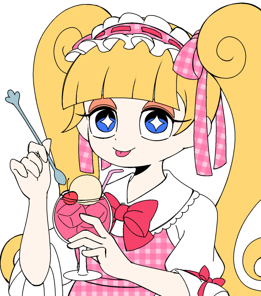 1girl, blonde_hair, blue_eyes, blunt_bangs, flat_color, highres, holding, holding_spoon, long_hair, looking_at_viewer, muchaburikko, pipiko., simple_background, solo, spoon, tongue, tongue_out, twintails, unmoving_pattern, white_background, youkai_(youkai_watch), youkai_watch, youkai_watch_3