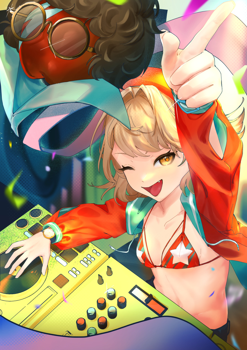 1girl, absurdres, apple_(reverse:1999), bikini, blonde_hair, breasts, dj, glasses