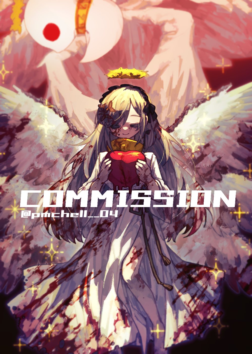 1girl, angela_(project_moon), apple, black_hairband, black_ribbon, blood, blood_in_hair, blood_on_clothes
