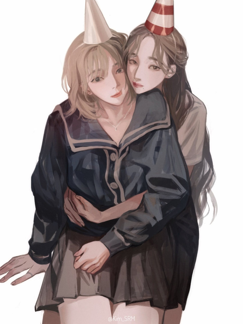 2girls, aespa, black_eyes, blonde_hair, blue_skirt, brown_eyes, brown_hair, cheek-to-cheek, closed_mouth, commentary, earrings, grey_skirt, hashtag_only_commentary, hat, heads_together, highres, hug, hug_from_behind, jewelry, karina_(aespa), kim_srm, long_hair, long_sleeves, looking_at_viewer, mole, mole_under_eye, multiple_girls, necklace, party_hat, pleated_skirt, real_life, short_hair, short_sleeves, simple_background, sitting, sitting_on_lap, sitting_on_person, skirt, stud_earrings, twitter_username, white_background, winter_(aespa), yuri