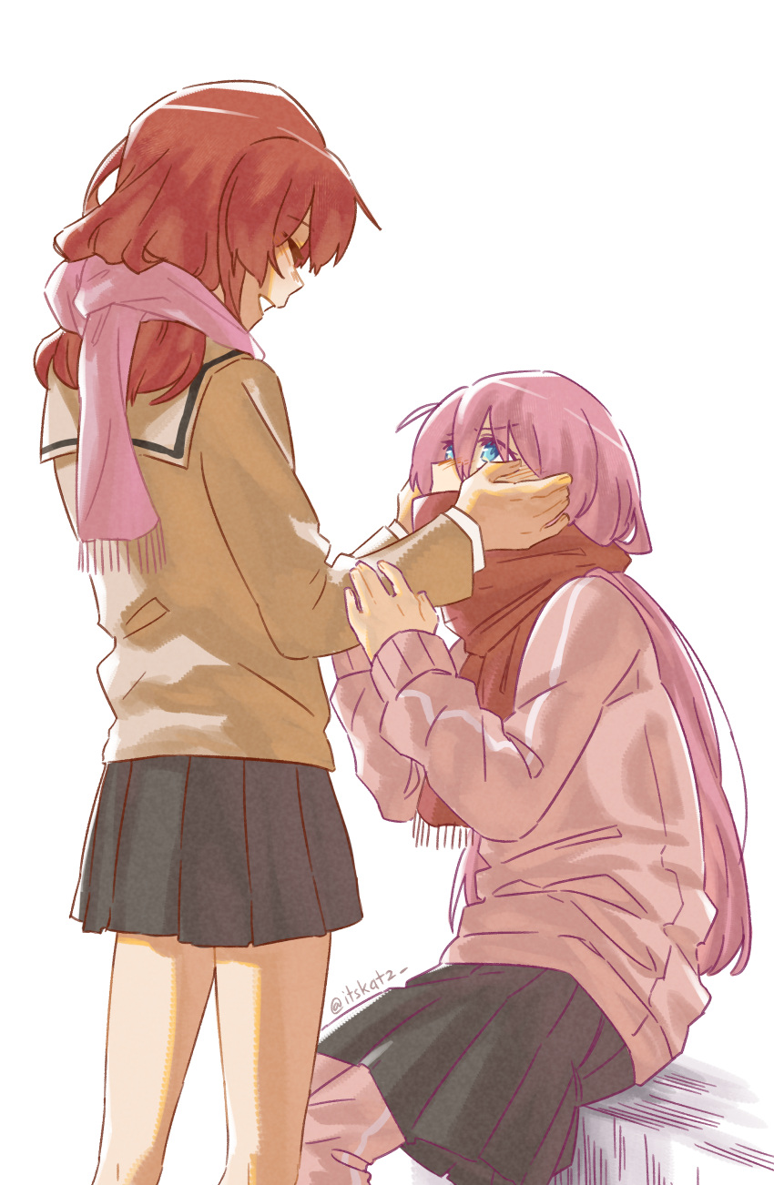 2girls, absurdres, akazuki_r, black_skirt, blue_eyes, blush, bocchi_the_rock!, brown_shirt