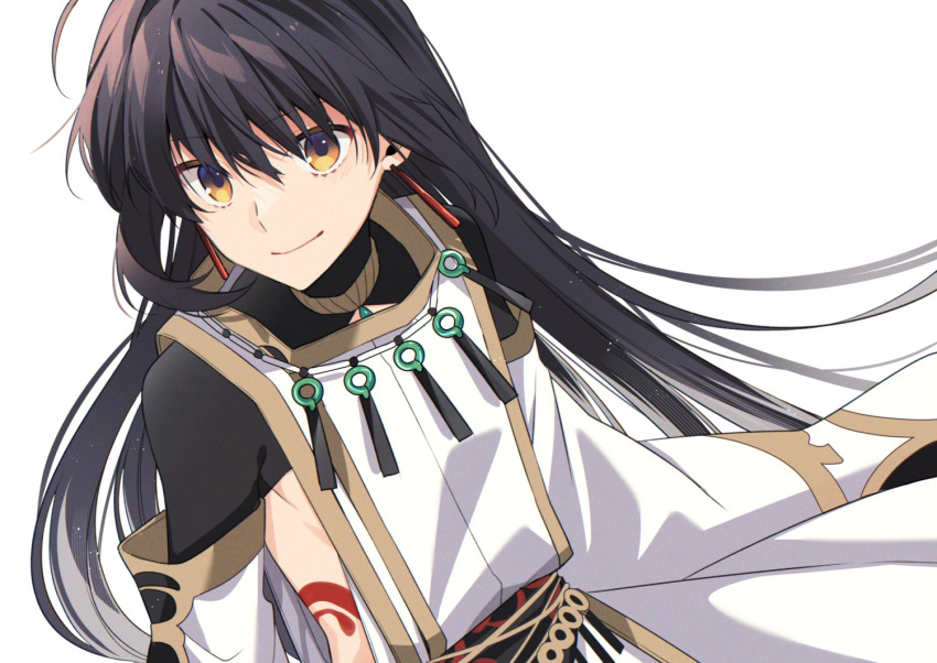 1other, ahoge, androgynous, black_hair, black_sash, body_markings, choker, dangle_earrings
