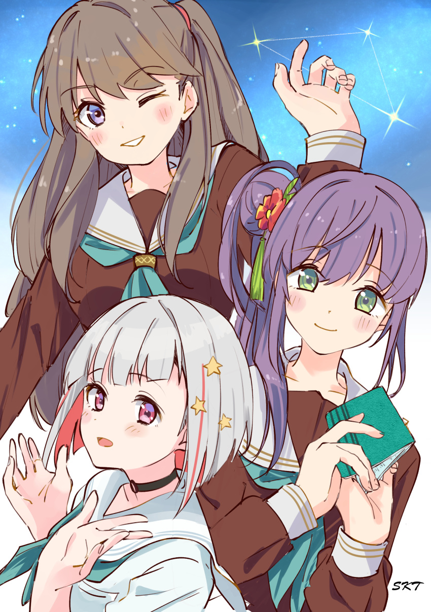 3girls, ;d, absurdres, aqua_neckerchief, artist_name, black_choker, blunt_bangs, blush