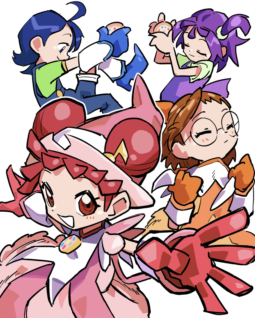 4girls, :d, absurdres, ahoge, blue_eyes, blue_footwear, blue_gloves, blue_hair, blue_overalls, brown_hair, chieo, closed_eyes, commentary_request, double_bun, dress, fujiwara_hazuki, glasses, gloves, green_shirt, hair_bun, hair_ornament, hands_up, harukaze_doremi, hat, henshin, highres, long_hair, looking_at_viewer, magical_girl, multiple_girls, musical_note, musical_note_hair_ornament, ojamajo_doremi, one_side_up, open_mouth, orange_dress, orange_gloves, outstretched_arms, overalls, pink_dress, pink_gloves, pink_hair, pointy_footwear, purple_dress, purple_hair, putting_on_shoes, red_eyes, redhead, round_eyewear, segawa_onpu, senoo_aiko, shirt, short_bangs, short_hair, short_sleeves, simple_background, smile, white_background, witch_hat