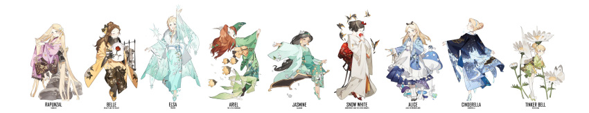 6+girls, absurdly_long_hair, absurdres, air_bubble, aladdin_(disney), alice_(alice_in_wonderland), alice_in_wonderland, animal, apple, apron, aqua_dress, aqua_footwear, aqua_hairband, aqua_kimono, aqua_sash, ariel_(disney), arm_up, asa_no_ha_(pattern), back, barefoot, beads, beast_(disney), beauty_and_the_beast, belle_(disney), bird, biting, black_choker, black_dress, black_footwear, black_gloves, black_hair, black_hairband, black_kimono, black_ribbon, black_sash, black_socks, blonde_hair, blooming, blue_dress, blue_kimono, blue_ribbon, blue_string, bouquet, bow, braid, brown_hair, bubble, bug, butterfly, carpet, castle, character_name, choker, cinderella, cinderella_(disney), cityscape, closed_eyes, closed_mouth, clover, collar, commentary, company_connection, copyright_name, covering_own_mouth, dandelion, dandelion_clock, dandelion_seed, disney, disney_fairies_(film_series), disney_princess, dress, earrings, elsa_(frozen), english_commentary, facing_to_the_side, fairy, fairy_wings, falling_feathers, falling_petals, feathers, fence, fins, fish, flats, floral_print, floral_print_kimono, flower, food, food_bite, frilled_apron, frilled_collar, frills, from_behind, frozen_(disney), fruit, full_body, fur_collar, glass_container, glass_slipper, gloves, gradient_dress, gradient_kimono, green_dress, green_hairband, green_kimono, green_tail, grey_eyes, grey_flower, hair_between_eyes, hair_bun, hair_flower, hair_lift, hair_ornament, hair_over_shoulder, hair_ribbon, hairband, hakama, hakama_skirt, half-closed_eyes, hand_in_own_hair, hand_up, hands_in_hair, hands_up, haori, heart, hexagon, high_heels, highres, holding, holding_flower, holding_food, holding_fruit, holding_hair, holding_key, horns, ice, jacket, japanese_clothes, jar, jasmine_(disney), jewelry, kanagawa_okinami_ura, key, keyring, kimono, leaning_back, leaning_forward, legs_together, light_blush, long_hair, long_skirt, long_sleeves, looking_at_viewer, looking_back, magic_carpet, maid_apron, mermaid, messy_hair, mini_person, minigirl, monster_girl, multicolored_ribbon, multiple_girls, mushroom, night, night_sky, obi, obiage, obijime, ocean, open_mouth, orange_hakama, over-kneehighs, pantyhose, parted_bangs, petals, peter_pan_(disney), pink_kimono, plant, pleated_skirt, princess, print_kimono, purple_dress, purple_kimono, purple_trim, rapunzel_(disney), red_apple, red_bow, red_flower, red_footwear, red_rose, ribbon, ribbon_shoes, riding, road, rock, rose, rose_petals, sash, seaweed, see-through, shell, shell_hair_ornament, short_dress, short_hair, short_kimono, side_ponytail, sidelocks, single_braid, single_hair_bun, sitting, skirt, sky, smile, snow_white, snow_white_(disney), snow_white_and_the_seven_dwarfs, snowflake_hair_ornament, snowflake_print, snowflakes, socks, spiked_shell, standing, standing_on_one_leg, star_(sky), star_(symbol), starshadowmagician, string, surgeonfish, tabi, tag, tangled, the_little_mermaid, thigh-highs, tinker_bell_(disney), toes, town, tropical_fish, two-tone_dress, two-tone_kimono, very_long_hair, waves, white_apron, white_background, white_butterfly, white_flower, white_kimono, white_pantyhose, white_petals, white_rose, white_sash, white_socks, white_string, white_trim, wide_image, wide_sleeves, wings, yellow_dress, yellow_flower, yellow_footwear, yellow_ribbon, yellow_sash, yellow_trim, yukata