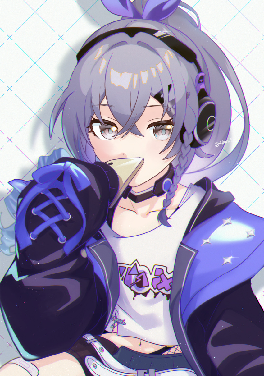 1girl, absurdres, black_jacket, cellphone, drill_hair, drill_ponytail, flaw_(4lmnis), grey_eyes