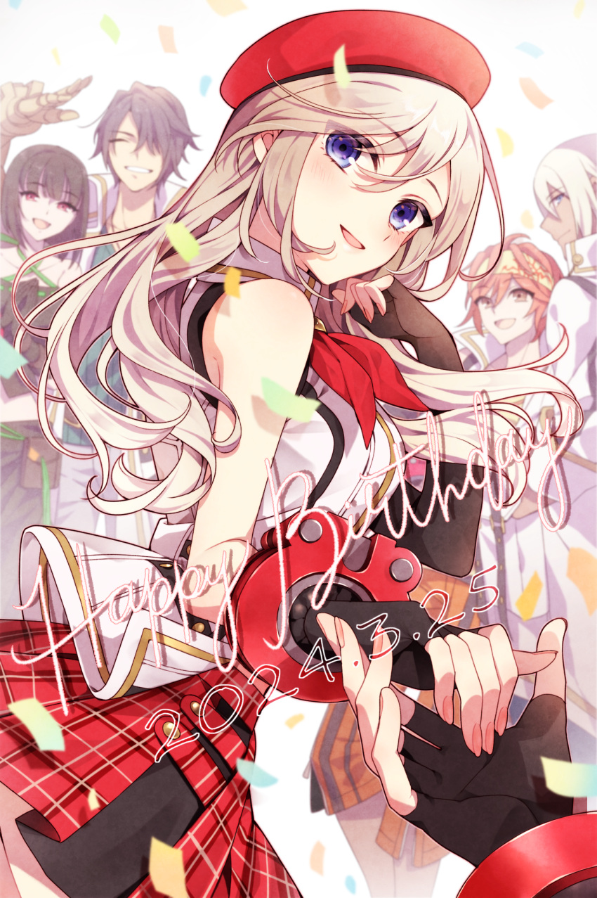2girls, 4boys, :d, alisa_ilinichina_amiella, amamiya_rindou, aqua_shirt, arm_up, bare_shoulders