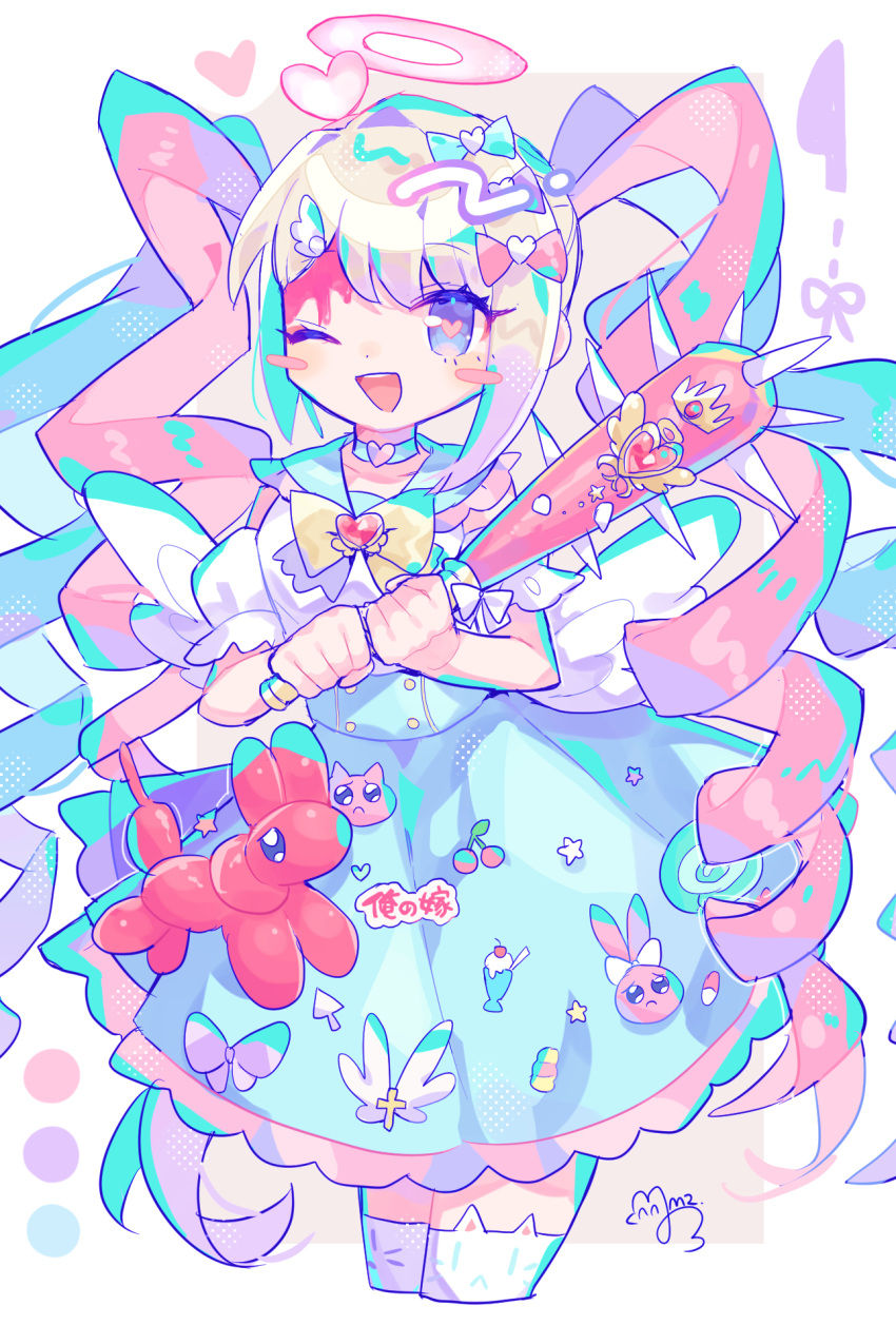 1girl, balloon_animal, baseball_bat, bleeding_from_forehead, blonde_hair, blood, blood_on_face, blue_bow