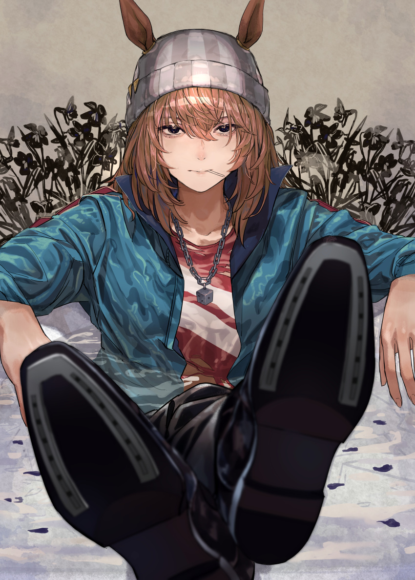 1girl, absurdres, animal_ears, beanie, black_eyes, blue_jacket, brown_background, brown_hair