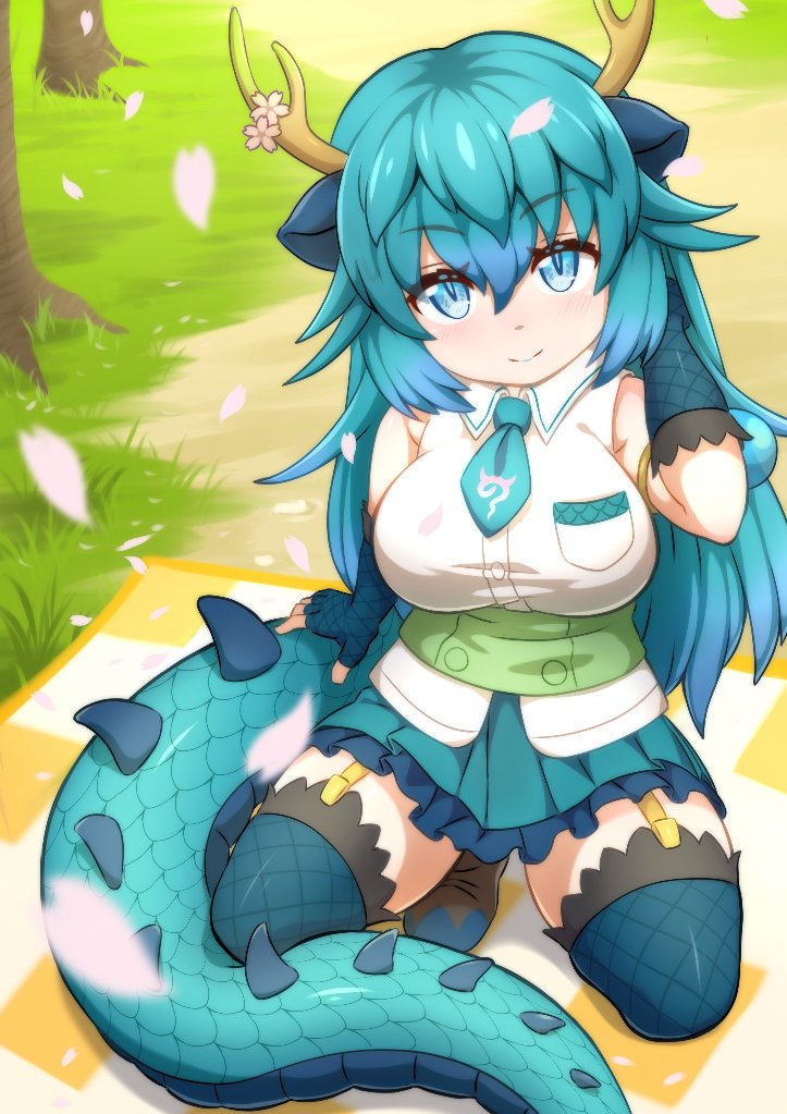 1girl, bare_shoulders, belt, blue_dragon_(kemono_friends), blue_eyes, blue_gloves, blue_necktie, blue_skirt