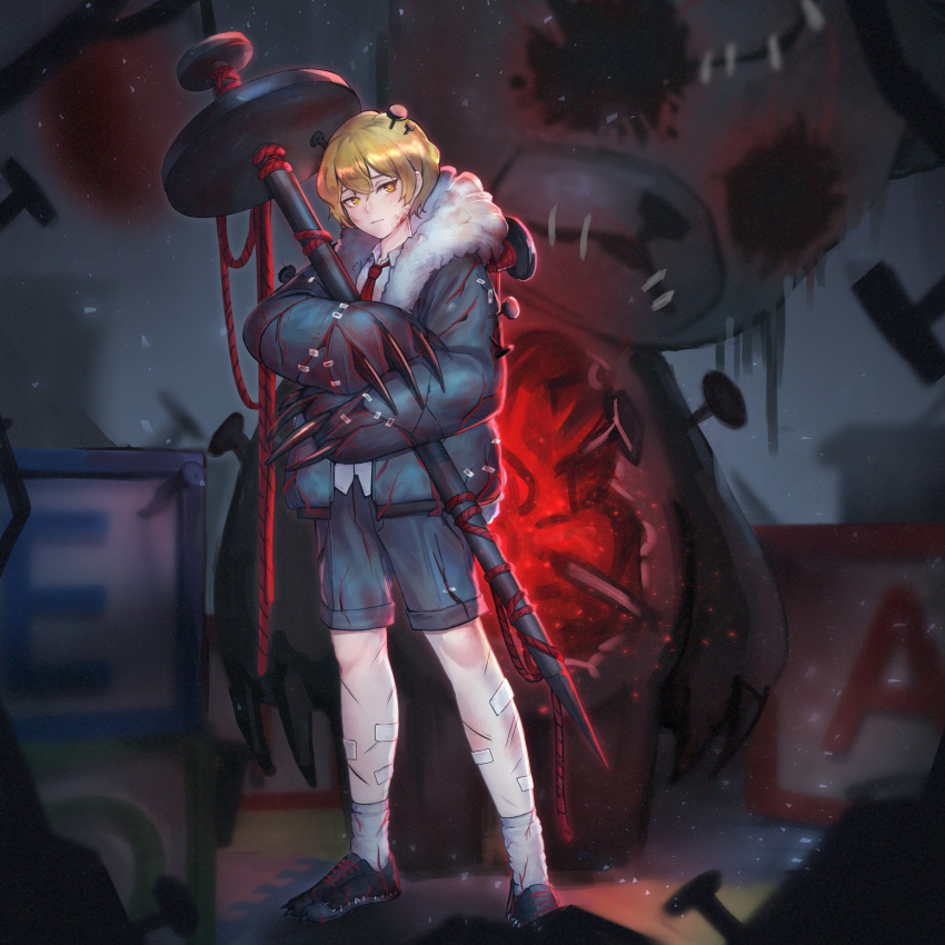 1boy, absurdres, bandaid, bandaid_on_knee, bandaid_on_leg, blonde_hair, chyeo_(chear_57), clawed_gauntlets