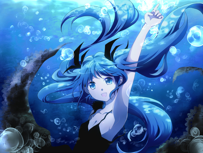 armpits, blue_eyes, blue_hair, breasts, cleavage, hatsune_miku, long_hair, mariwai_(marireroy), pointing, shinkai_shoujo_(vocaloid), shinri_ibitsu, smile, solo, twintails, underwater, very_long_hair, vocaloid, water
