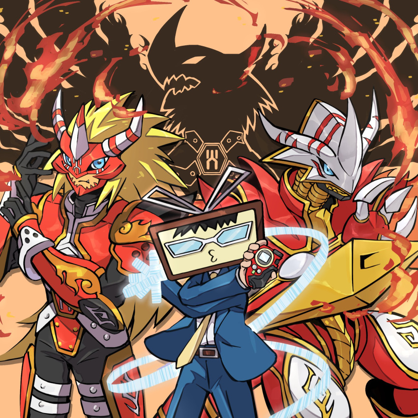 3boys, agnimon, ancientgreymon, arm_cannon, armor, black_bodysuit, black_hair, blonde_hair