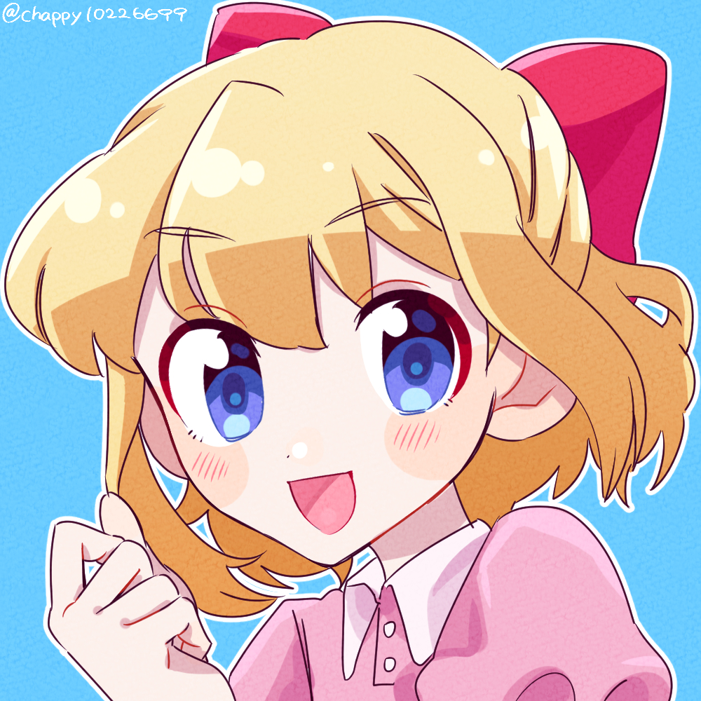 1girl, artist_name, blonde_hair, blue_eyes, bow, cyappy1022, dress, hair_between_eyes, hair_bow, happy, long_bangs, mother_(game), mother_2, open_mouth, paula_(mother_2), pink_dress, short_hair, smile, solo