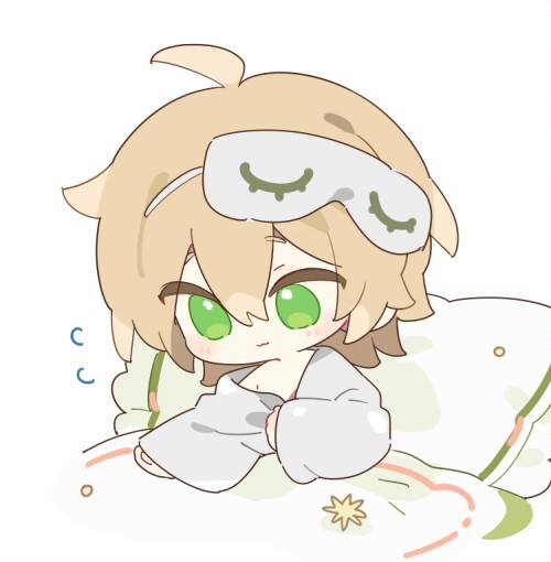 1boy, ahoge, alkaid_mcgrath, bare_shoulders, blanket, blonde_hair, chibi, chibi_only, closed_mouth, dagai_shi_ran_wang, dressing, flying_sweatdrops, green_eyes, hair_between_eyes, light_blush, looking_down, lovebrush_chronicles, male_focus, medium_hair, off_shoulder, on_bed, pajamas, pillow, shirt, simple_background, sitting, sleep_mask, smile, solo, under_covers, upper_body, white_background, white_pajamas, white_shirt