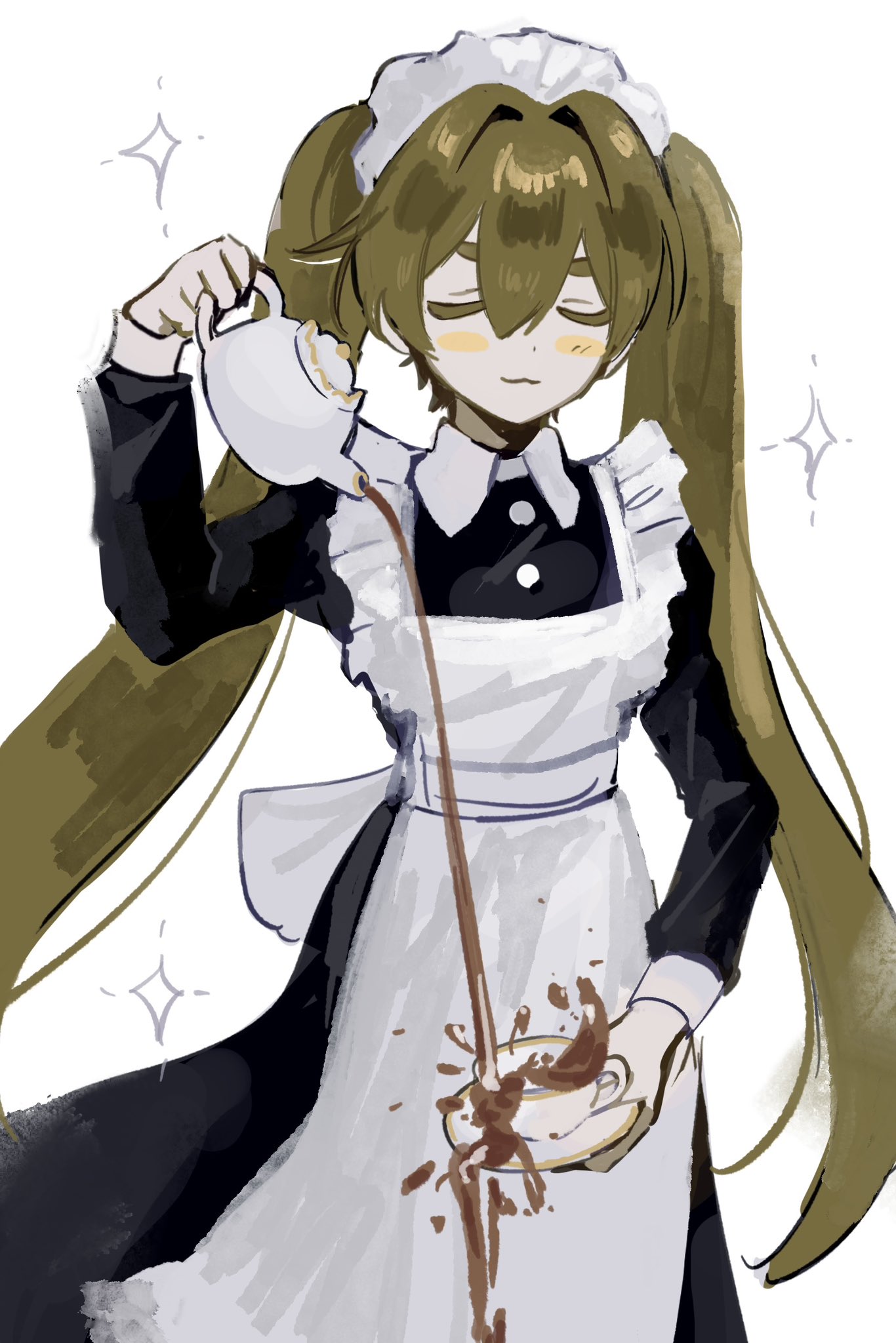 1girl, :3, apron, black_dress, blonde_hair, blush_stickers, buttons, closed_eyes