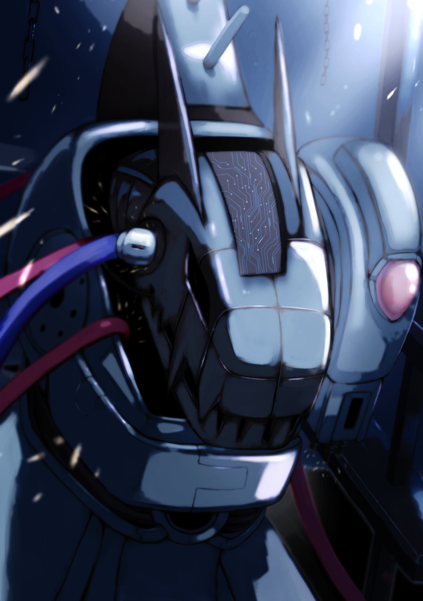 cable, digimon, digimon_(creature), highres, horns, hudie_jun, light_rays, mugendramon
