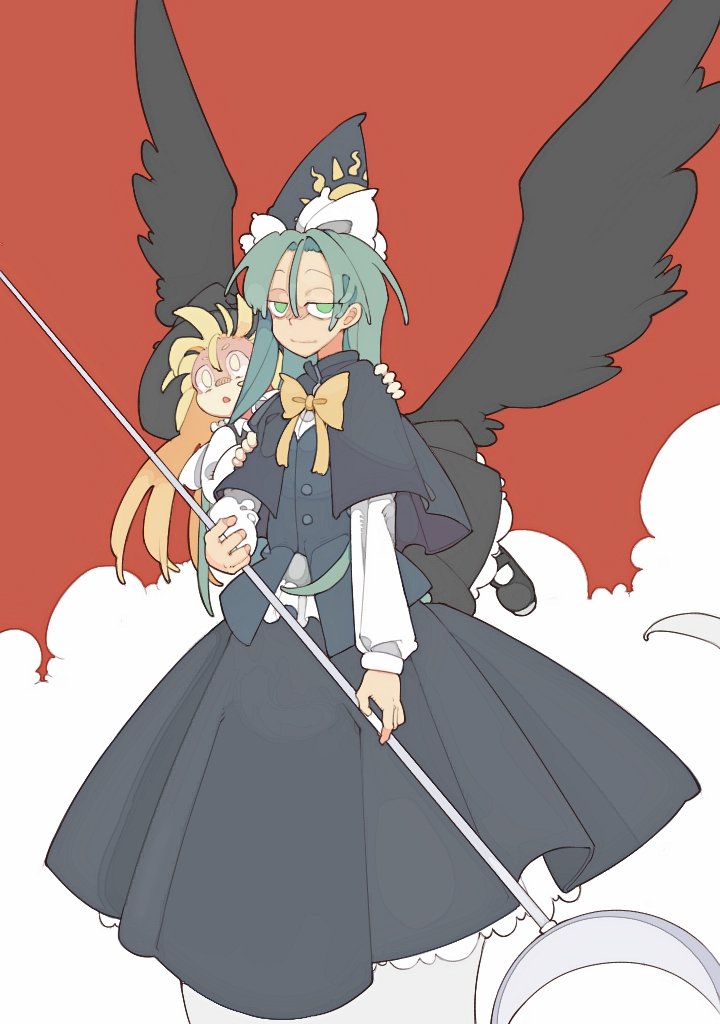 2girls, alternate_color, bandaid, bandaid_on_face, bandaid_on_nose, black_capelet, black_footwear, black_skirt