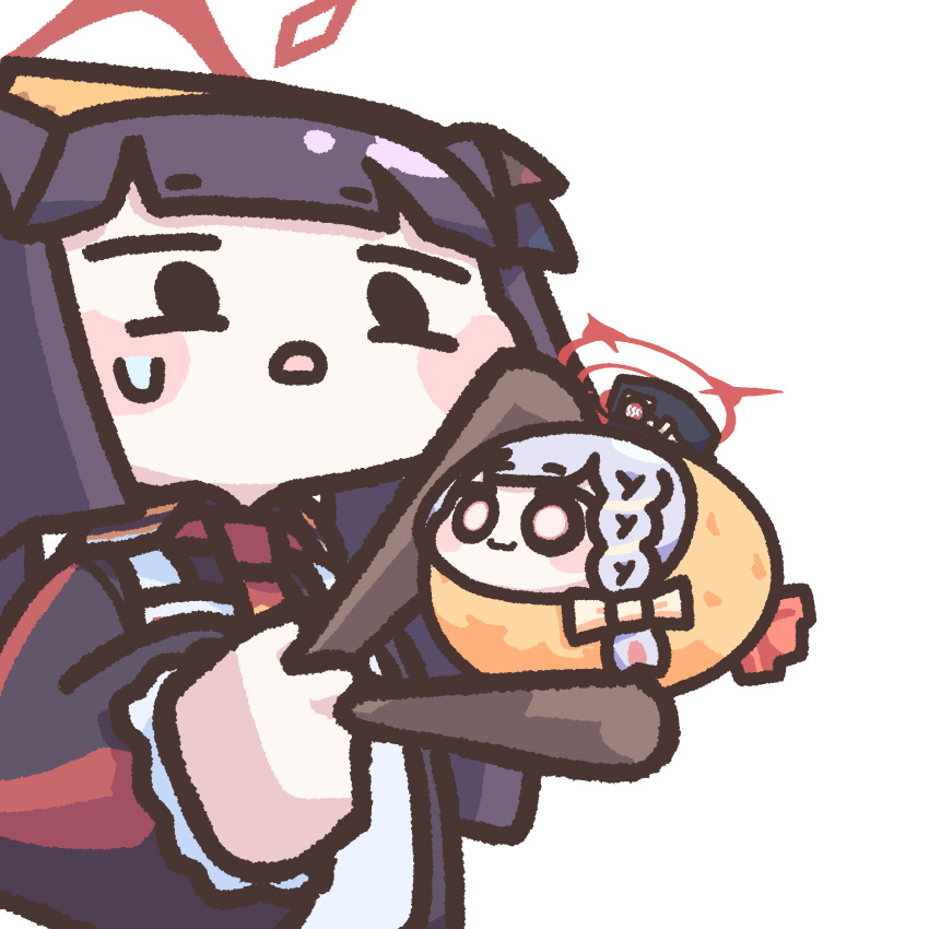 2girls, absurdres, black_hair, black_hat, black_horns, blue_archive, blush_stickers, bow