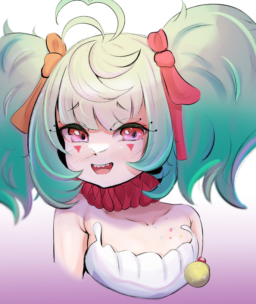1girl, absurdres, ahoge, armpit_crease, bare_shoulders, blunt_bangs, blush, boosauce03
