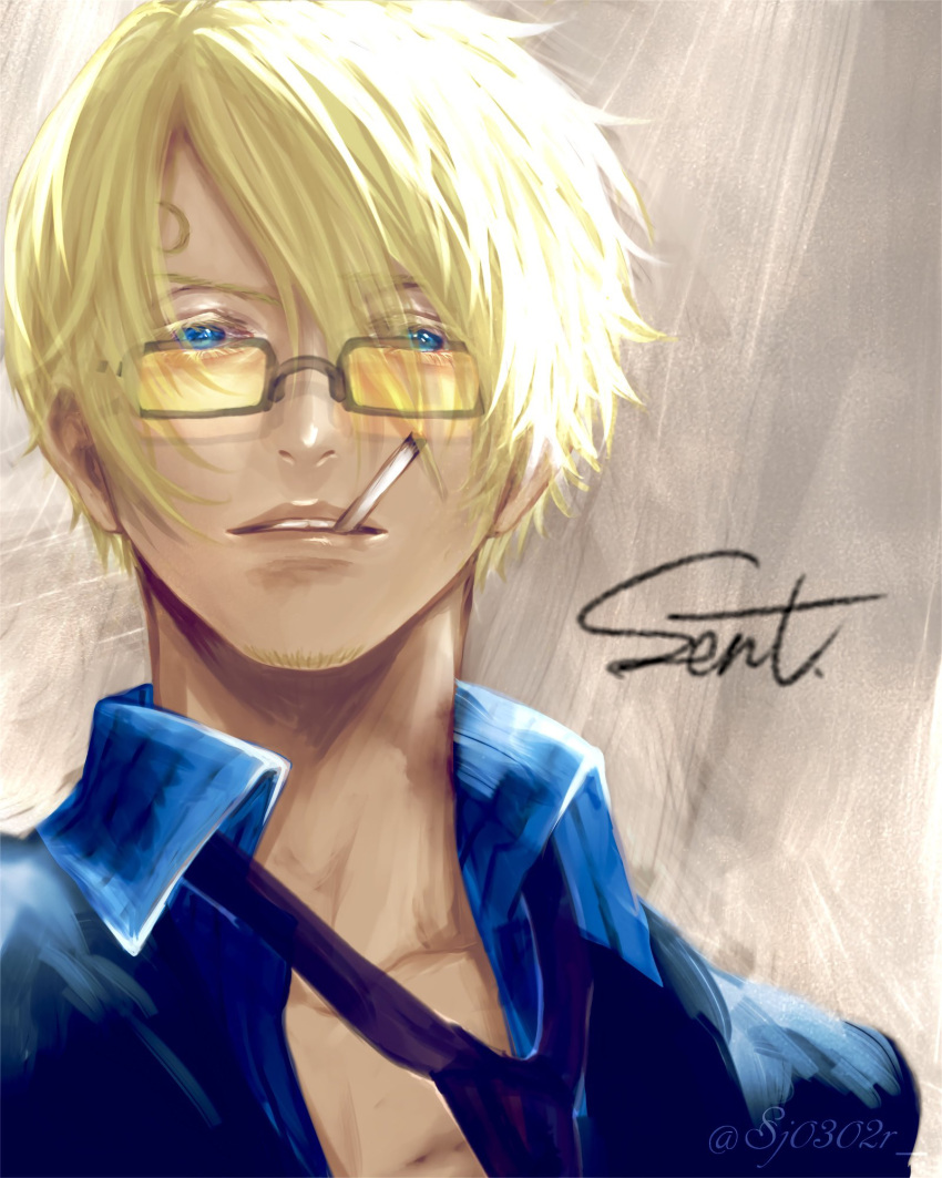 1boy, artist_name, blonde_hair, blue_eyes, blue_shirt, cigarette, commentary_request, curly_eyebrows