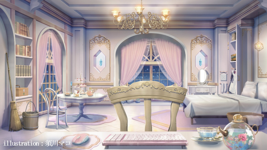 artist_name, bed, bedroom, blanket, blue_gemstone, bookshelf, broom, bucket
