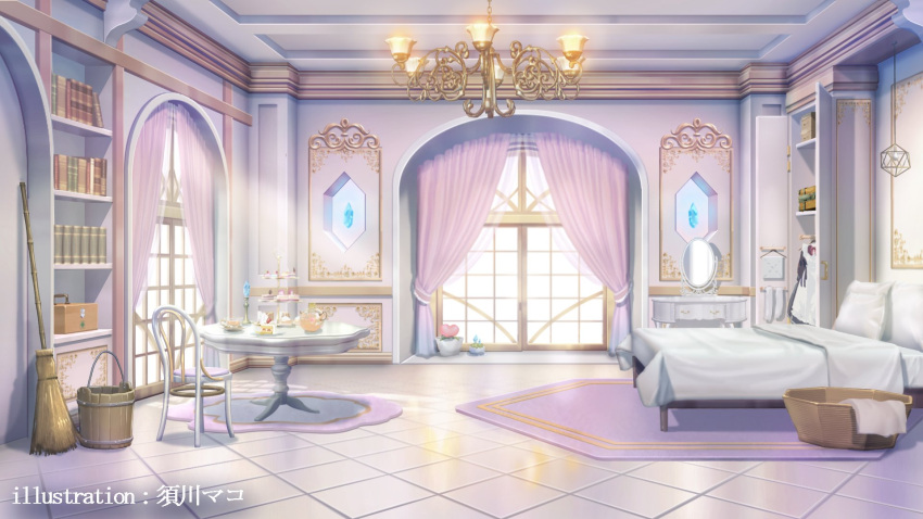 artist_name, bed, bedroom, blanket, blue_gemstone, bookshelf, broom, bucket