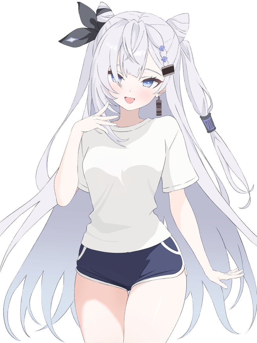 1girl, blue_eyes, blue_shorts, cone_hair_bun, cowboy_shot, earrings, grey_hair, hair_bun