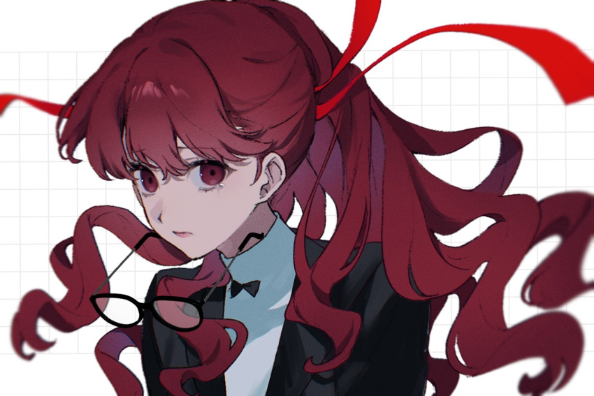 1girl, bow, glasses, hair_ribbon, jacket, long_hair, m0rtalcoil0, persona
