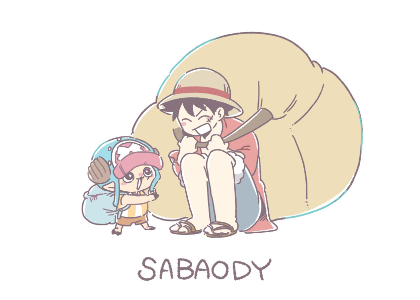 2boys, ^_^, antlers, bag, blue_bag, blush_stickers, closed_eyes, cross