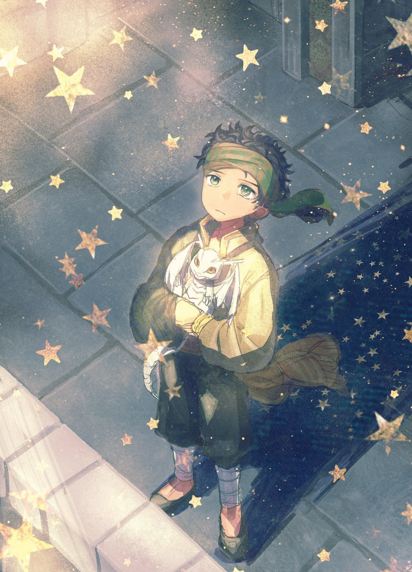 1boy, aged_down, animal, brown_hair, by8k4, claude_von_riegan, closed_mouth, dark-skinned_male