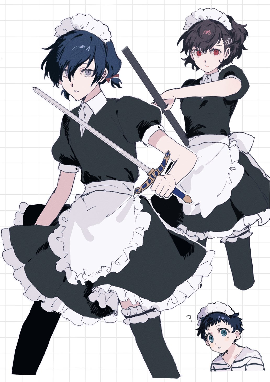 1girl, 2boys, :o, ?, apron, back_bow, black_dress, black_hair