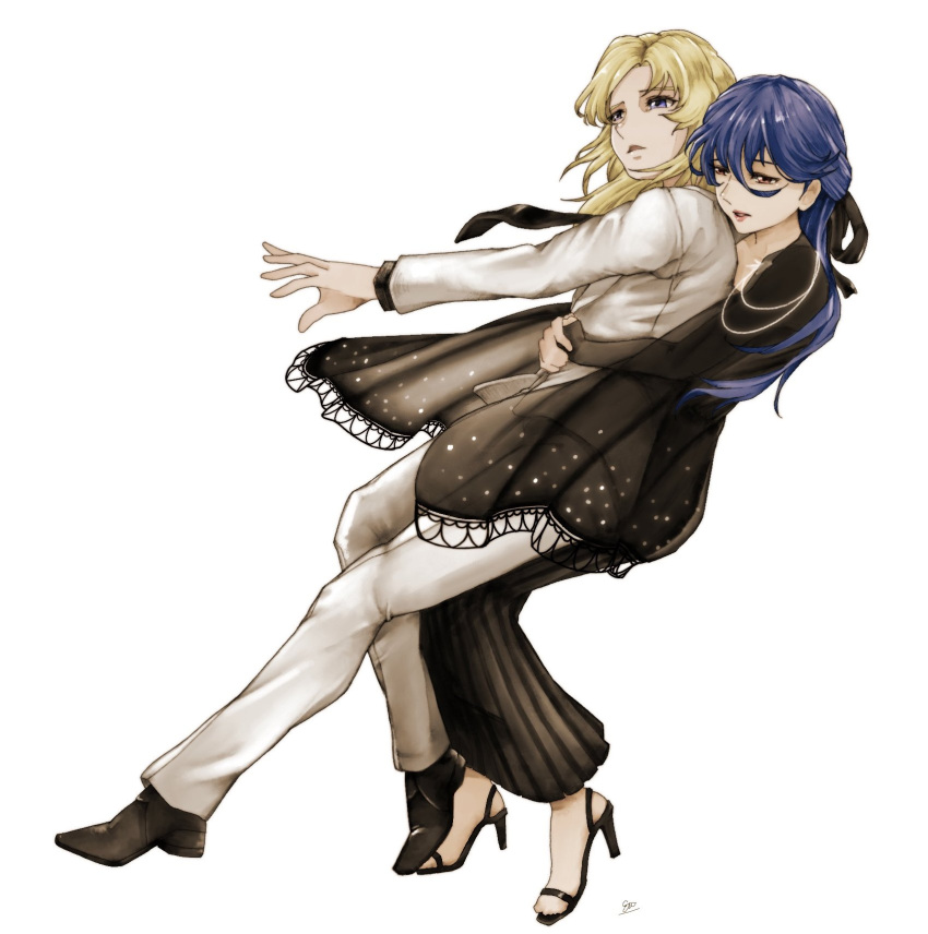 1boy, 1girl, blonde_hair, blue_eyes, blue_hair, dress, eto_384, formal